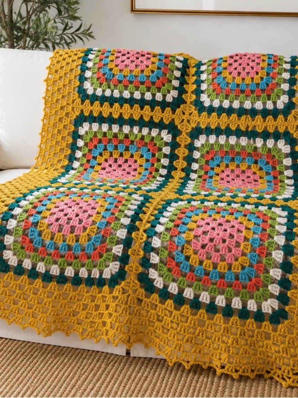 Handmade Crochet Granny Square Multicolor Colorful Throw Blanket